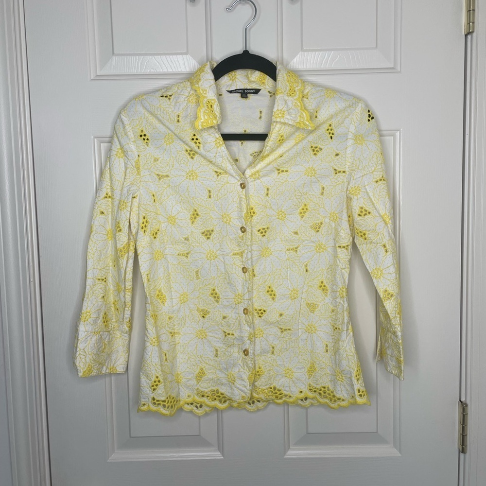 Samuel Dong Yellow Floral Embroidered Lace Button-Up Blouse XS – 100% Cotton